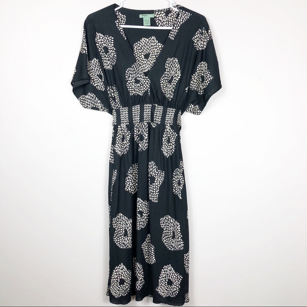 Anthro | Maple S Silk Black Ribbed Floral Dress